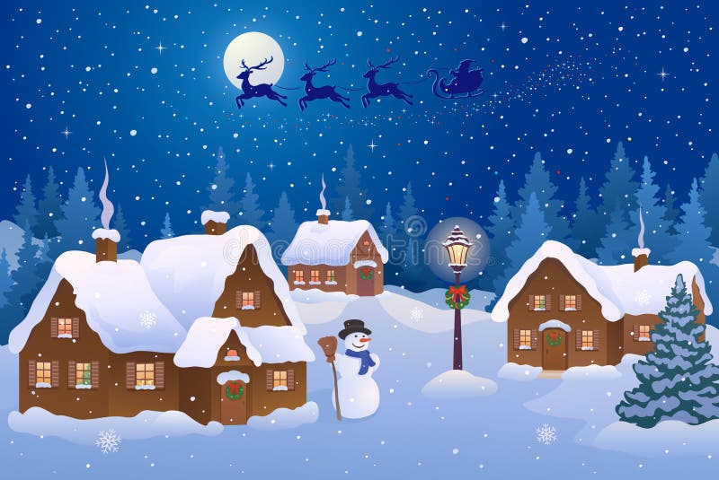 Vector illustration of a Christmas night village and Santa Claus sleigh. Vector illustration of a Christmas night village and Santa Claus sleigh