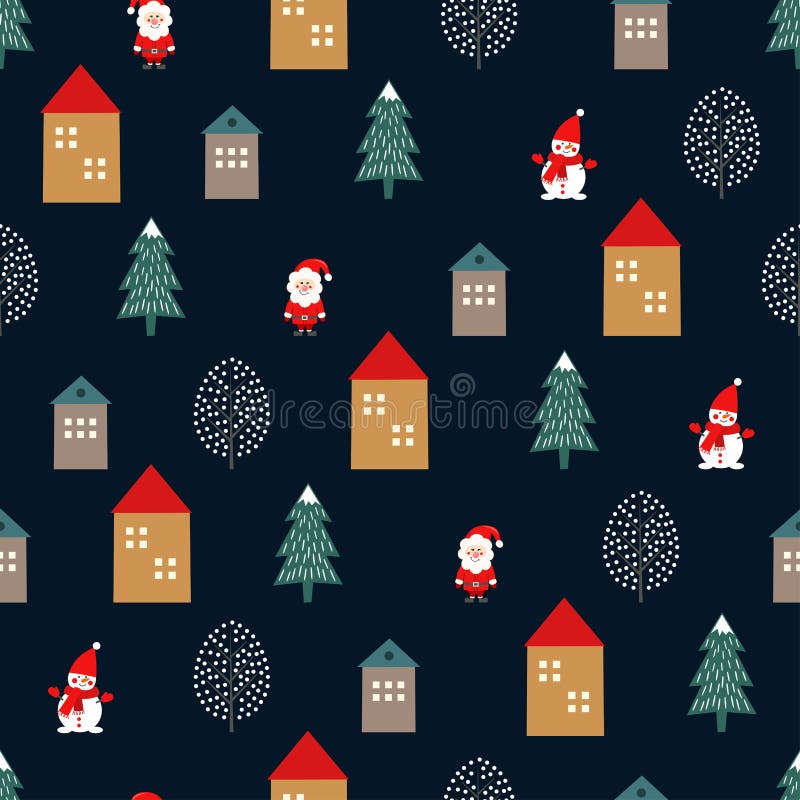 Дерево Xmas, Санта Клаус, дома и картина милого снеговика безшовная на синей предпосылке бесплатная иллюстрация Дерево Xmas, Санта Клаус, дома и картина милого снеговика безшовная на синей предпосылке бесплатная иллюстрация