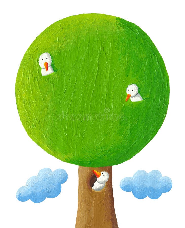 Acrylic illustration of tree with three birds. Acrylic illustration of tree with three birds