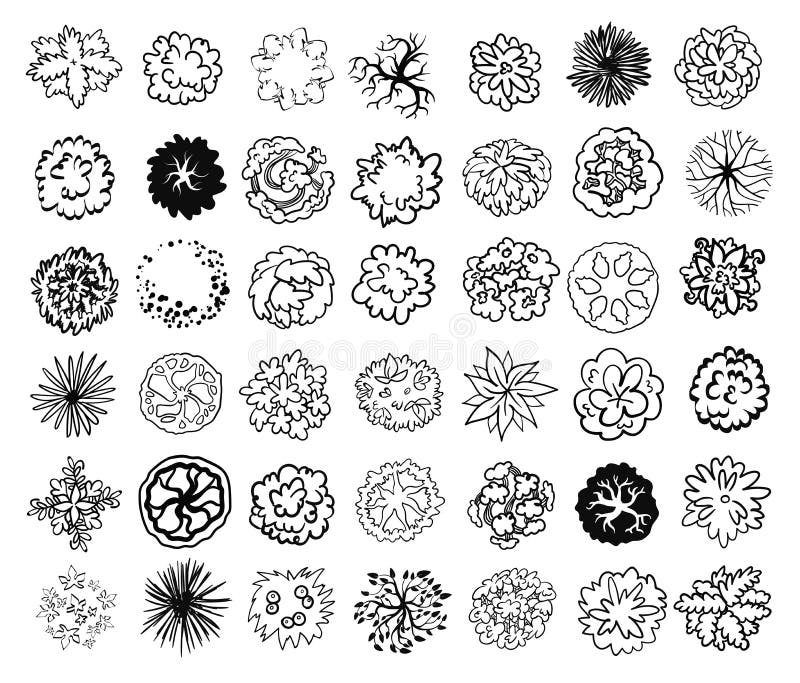 Деревья, кусты и кустарники, взгляд сверху для плана дизайна ландшафта ...