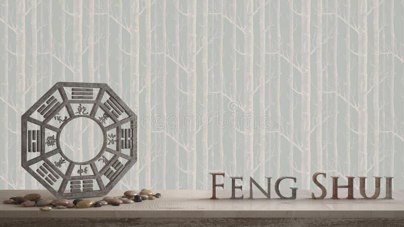 Деревянная винтажная полка таблицы с gua ба и письма 3d делая shui feng слова с абстрактной предпосылкой леса с космосом экземпля стоковые фотографии rf Деревянная винтажная полка таблицы с gua ба и письма 3d делая shui feng слова с абстрактной предпосылкой леса с космосом экземпля стоковые фотографии rf