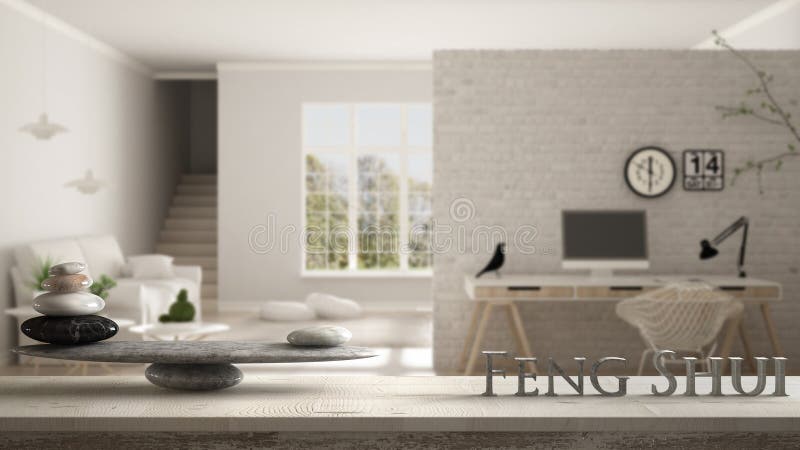 Деревянная винтажная полка таблицы с каменным балансом и письма 3d делая shui feng слова над скандинавской живущей комнатой с угл иллюстрация штока Деревянная винтажная полка таблицы с каменным балансом и письма 3d делая shui feng слова над скандинавской живущей комнатой с угл иллюстрация штока