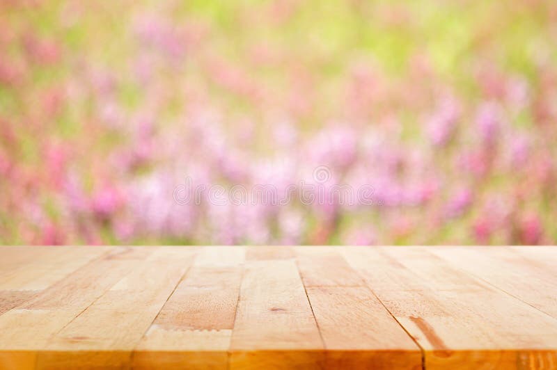 Деревянная столешница на предпосылке цветочного сада нерезкости