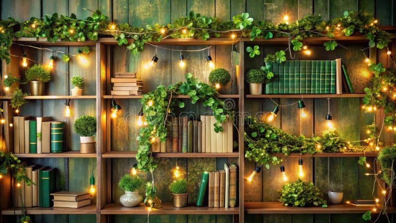 Деревянный книжный шкаф, украшенный пышной зеленью, и широкий ассортимент книг, создающих уютную и привлекательную иллюстрация вектора