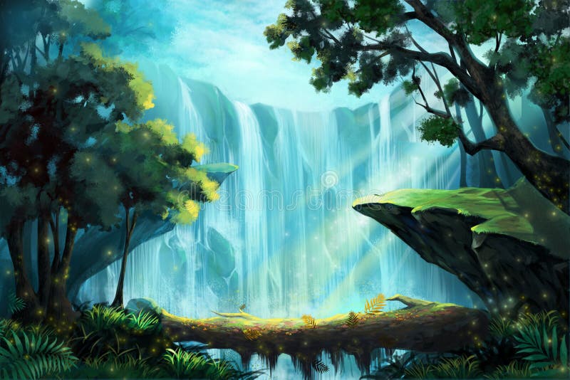 The Wood Bridge inside the Deep Forest near a Waterfall. Video Game's Digital CG Artwork, Concept Illustration, Realistic Cartoon Style Background. The Wood Bridge inside the Deep Forest near a Waterfall. Video Game's Digital CG Artwork, Concept Illustration, Realistic Cartoon Style Background