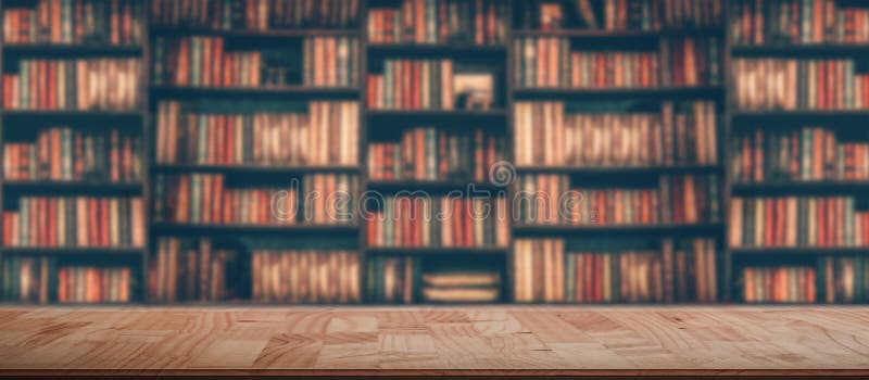 Деревянный стол в неясном изображении много старых книг на книжных полках в библиотеке стоковые фотографии rf