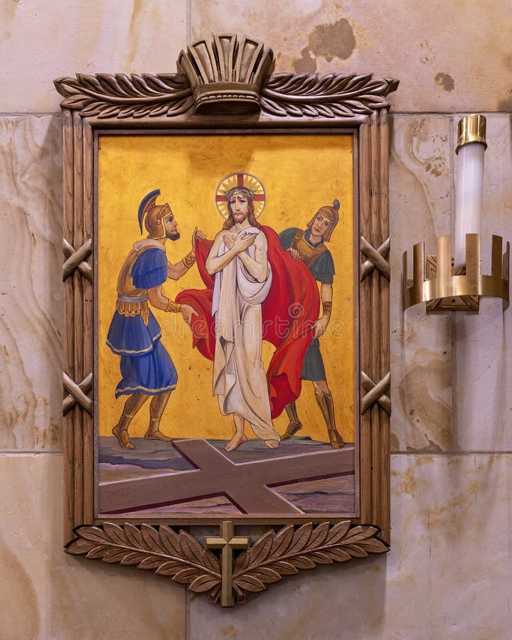 Pictured is tenth of the Fourteen Stations of the Cross located on the walls of the inside of Christ the King Catholic Church in Dallas, Texas.  In the tenth station Jesus is stripped of his garments.  The Fourteen Stations of the Cross were designed and executed by Leo Cartwright of Carmel, California.  Christ the King Church opened in a wooden building in 1941 and the current new building was completed in 1955. Pictured is tenth of the Fourteen Stations of the Cross located on the walls of the inside of Christ the King Catholic Church in Dallas, Texas.  In the tenth station Jesus is stripped of his garments.  The Fourteen Stations of the Cross were designed and executed by Leo Cartwright of Carmel, California.  Christ the King Church opened in a wooden building in 1941 and the current new building was completed in 1955.