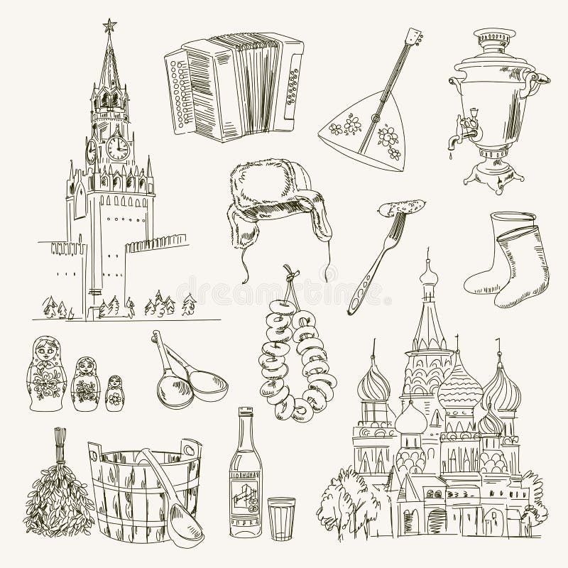 Freehand drawing Russia items on a sheet of exercise book. Moscow Kremlin. Saint Basil's Cathedral. Vector illustration. on white background. Freehand drawing Russia items on a sheet of exercise book. Moscow Kremlin. Saint Basil's Cathedral. Vector illustration. on white background