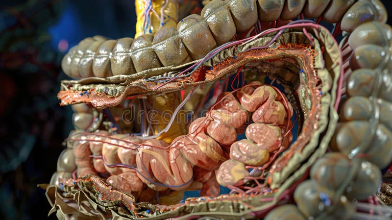 Detailed intestinal parts captured in high-res, labeled scientifically for educational use. AI generated. Detailed intestinal parts captured in high-res, labeled scientifically for educational use. AI generated
