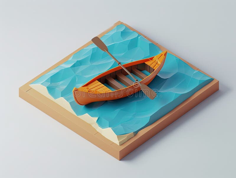 детальная 3drendered модель деревянной лодки на голубой воде с волнистыми текстурами и приграничным дизайном бесплатная иллюстрация