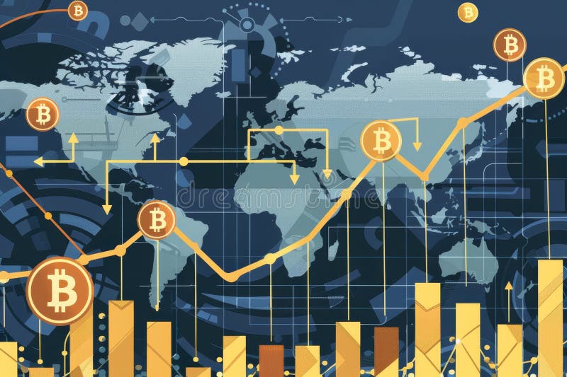 Детальная визуализация тенденций роста биткойнов на различных валютных рынках иллюстрация штока
