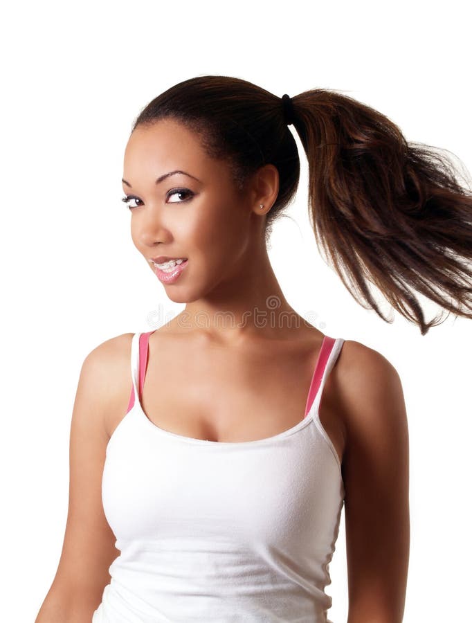 Young black woman smiling with braces upper teeth. Young black woman smiling with braces upper teeth