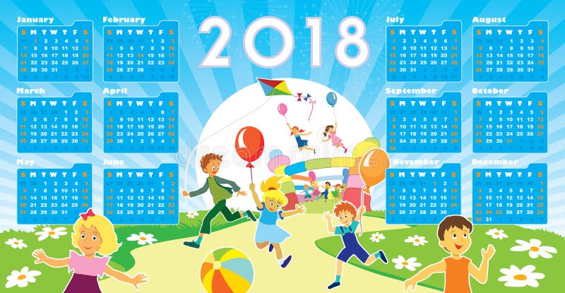Дети с календарем 2018 иллюстрация штока
