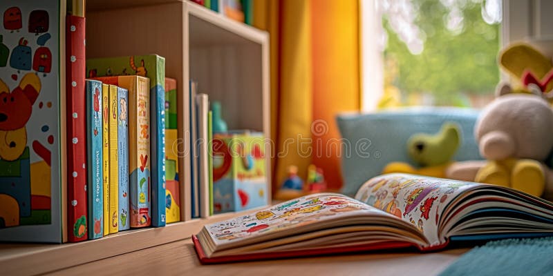 Детская комната Книжная полка Открытая книга Разноцветная детская литература время чтения Дети Ру стоковое фото