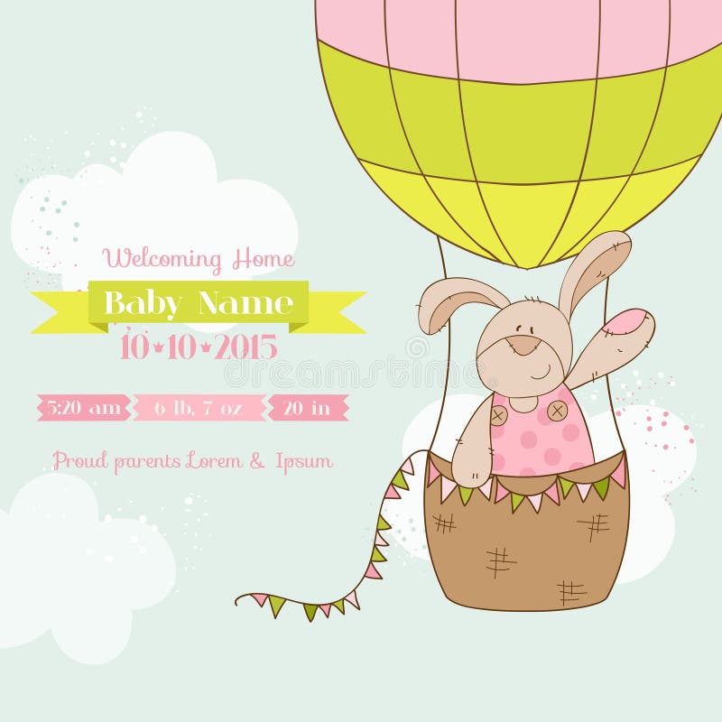 Baby Shower or Arrival Card - Baby Bunny with Air Balloon - in. Baby Shower or Arrival Card - Baby Bunny with Air Balloon - in