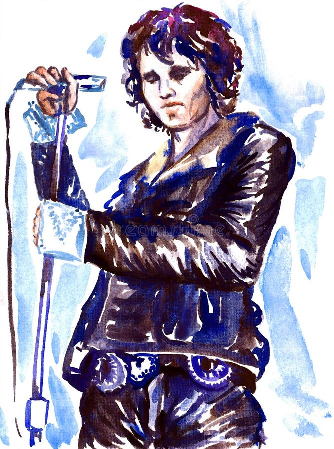 Illustration, painted watercolor inspired by image of Jim Morrison, The Doors leader, with microphone on stage in dark leather jacket and trousers, illustrative editorial. Illustration, painted watercolor inspired by image of Jim Morrison, The Doors leader, with microphone on stage in dark leather jacket and trousers, illustrative editorial