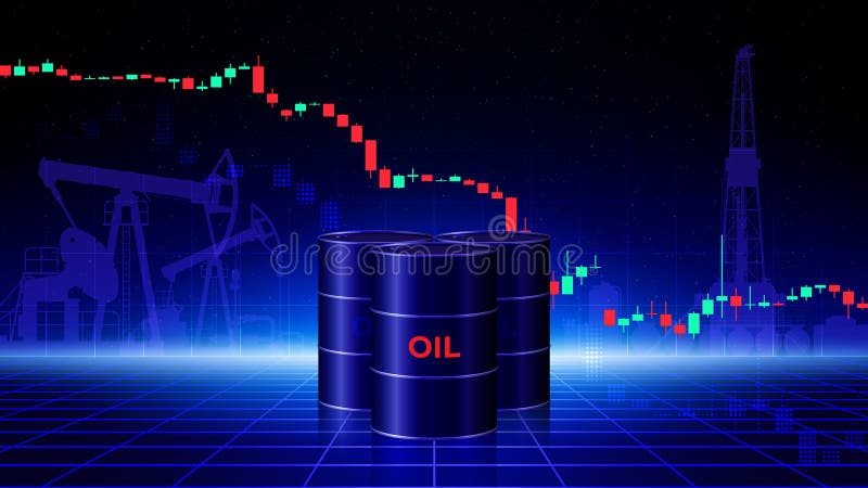 Диаграмма падения цен на нефть за баррель. Бочки с сырой нефтью на темном фоне. Анализ падения мировых энергетических рынков. Влия иллюстрация вектора