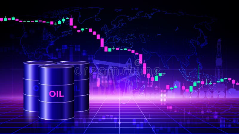 Диаграмма падения цен на нефть за баррель. Бочки с сырой нефтью на темном фоне. Анализ падения мировых энергетических рынков. Влия бесплатная иллюстрация