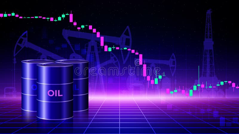 Диаграмма падения цен на нефть за баррель. Бочки с сырой нефтью на темном фоне. Анализ падения мировых энергетических рынков. Влия иллюстрация штока