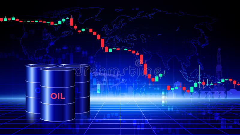 Диаграмма падения цен на нефть за баррель. Бочки с сырой нефтью на темном фоне. Анализ падения мировых энергетических рынков. Влия иллюстрация штока