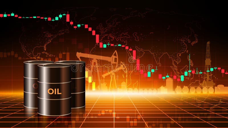 Диаграмма падения цен на нефть за баррель. Нефтяные бочки на темном абстрактном фоне пустыни. Анализ падения глобальной энергии иллюстрация штока