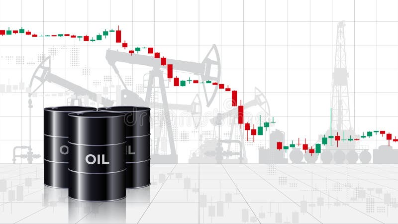 Диаграмма падения цен на нефть за баррель. Нефтяные бочки на фоне карты. Анализ падения мировых энергетических рынков. Влияние бесплатная иллюстрация