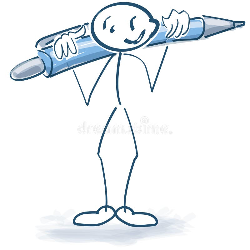 Stick figure with a big blue ballpoint pen on the shoulders. Stick figure with a big blue ballpoint pen on the shoulders