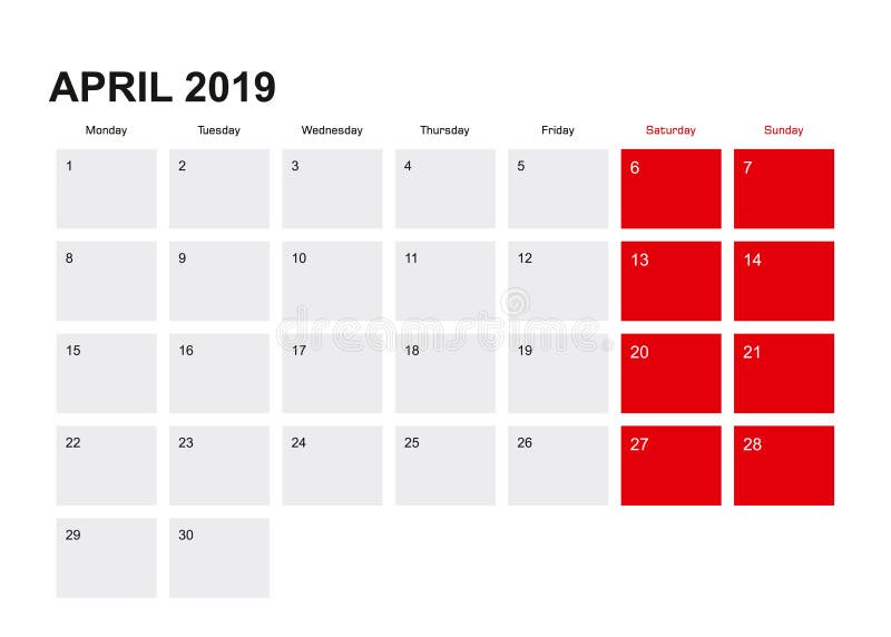 Дизайн календаря плановика 2019 -го в апреле Неделя начинает от понедельника иллюстрация штока