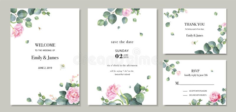 Watercolor vector set wedding invitation card template design with green eucalyptus leaves and flowers. Illustration for cards, save the date, greeting design, floral invite. Watercolor vector set wedding invitation card template design with green eucalyptus leaves and flowers. Illustration for cards, save the date, greeting design, floral invite.