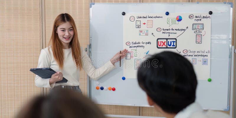 Дизайнер пользовательского интерфейса UX, представляющий интересные идеи проекта в современном офисном зале для совещаний стоковые фотографии rf