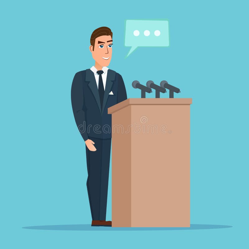 Speaker makes a report to the public. Orator stands behind a podium with microphones. Presentation performance before audience. Vector creative color illustrations flat design in flat modern style. Speaker makes a report to the public. Orator stands behind a podium with microphones. Presentation performance before audience. Vector creative color illustrations flat design in flat modern style.