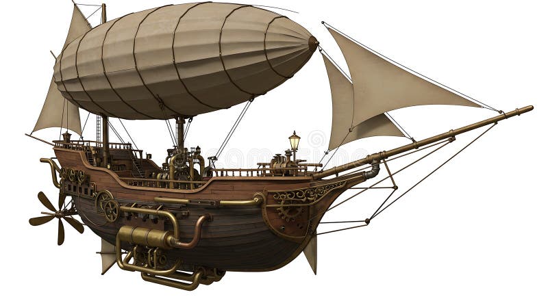 дирижабль Steampunk с деревянным корпусом и латунной арматурой с большим овалом иллюстрация вектора