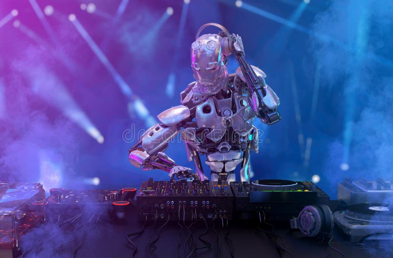 Диск-жокей робота на смесителе и turntable dj играет ночной клуб во время партии Развлечения, концепция партии иллюстрация 3d стоковые изображения rf Диск-жокей робота на смесителе и turntable dj играет ночной клуб во время партии Развлечения, концепция партии иллюстрация 3d стоковые изображения rf