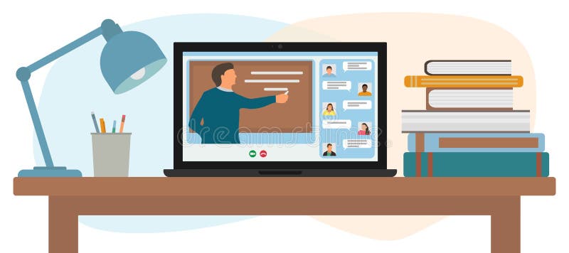 Дистанционное обучение. Учитель резервным учебные видео урок. В интернете концепция урока. Домашние ноутбук и книги на рабочем мес бесплатная иллюстрация