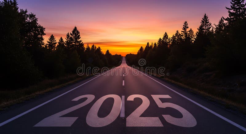 Длинная прямая дорога с 2025 покрашена в большие белые цифры на переднем плане. бесплатная иллюстрация
