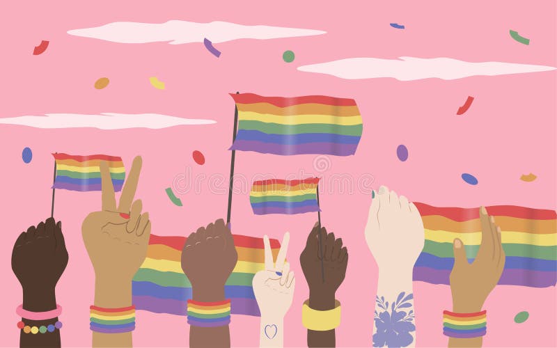 Vector illustration on the theme of the lgbt movement, queer community. hands of people of different races with rainbow flags.