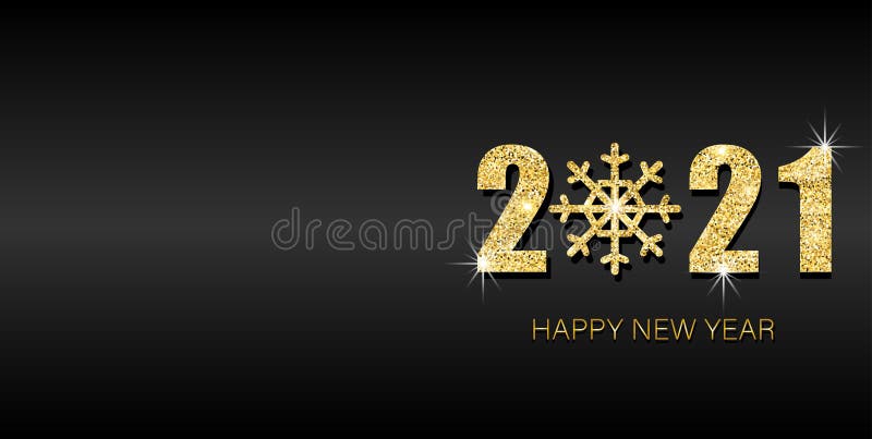 Happy new year 2021 banner. Gold festive numbers design with gold snowflake. stock illustration