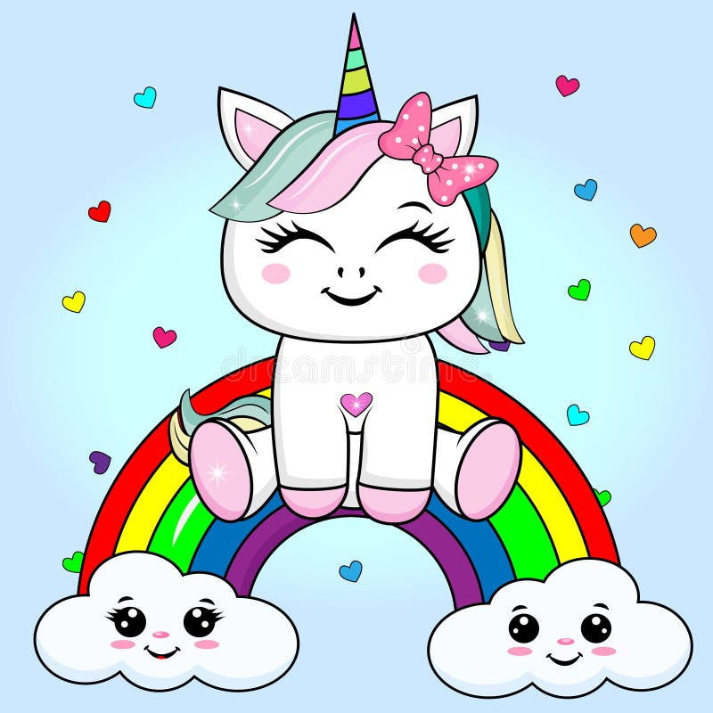 Cute Baby Unicorn Sitting on the Rainbow. Stock Vector Illustration