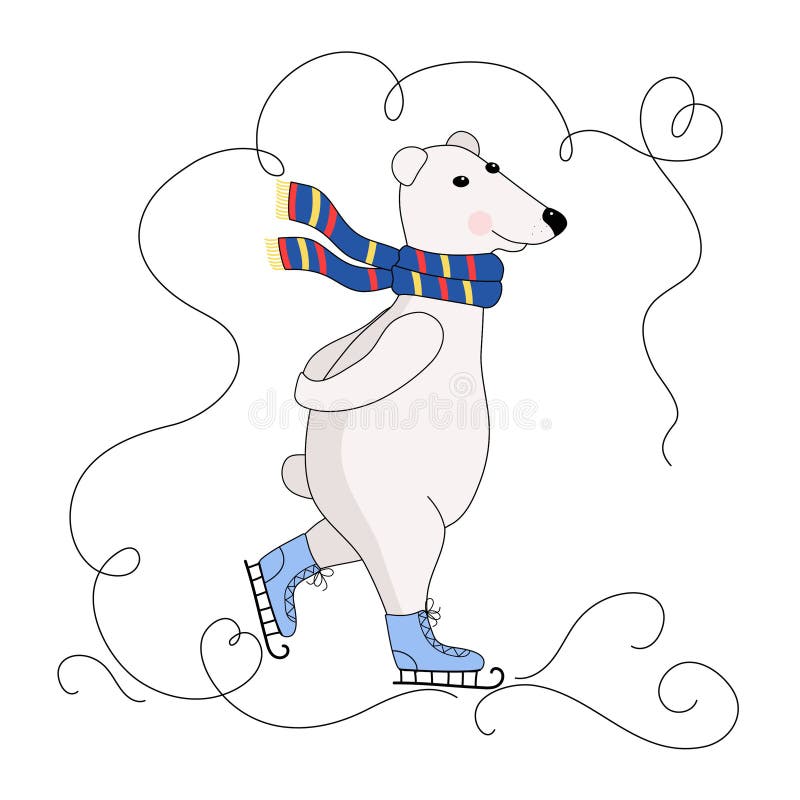 Cartoon White Polar Bear Ice Skating. Stock Vector Illustration of