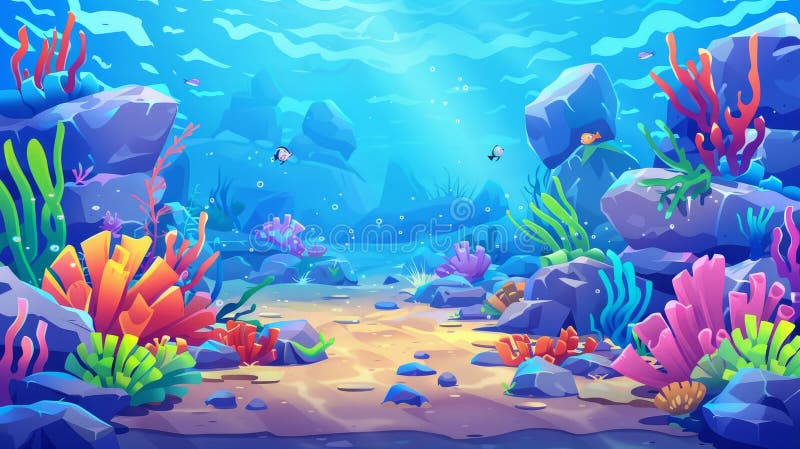 дно океана ландшафт с камнями кораллы водоросли тропических животных и растений на морском дне. современный мультфильм стоковое изображение rf