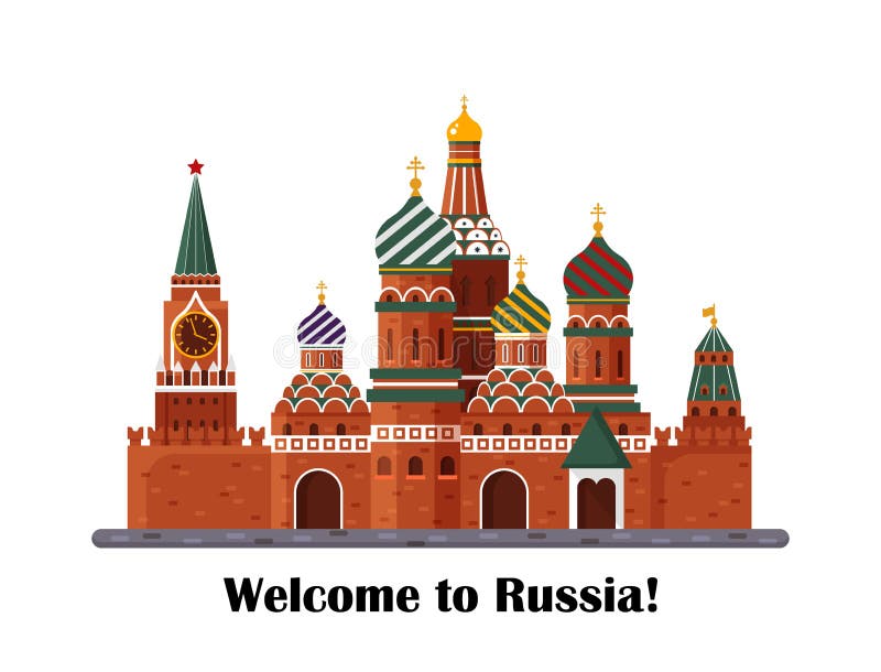 Welcome to Russia. St. Basil s Cathedral on Red square. Kremlin palace isolated on white background - vector stock flat illustration. Landscape design. Welcome to Russia. St. Basil s Cathedral on Red square. Kremlin palace isolated on white background - vector stock flat illustration. Landscape design.