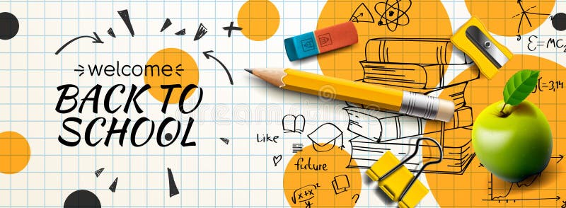 Добро пожаловать обратно в «doodle» знамени школы горизонтальному на негладкую бумажной иллюстрации вектора фона. иллюстрация штока