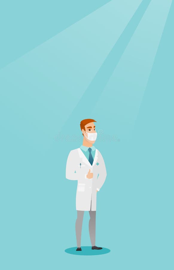 Caucasian doctor in medical mask giving thumb up. Young doctor in medical gown showing thumb up gesture. Doctor with gesture thumb up. Vector flat design illustration. Vertical layout. Caucasian doctor in medical mask giving thumb up. Young doctor in medical gown showing thumb up gesture. Doctor with gesture thumb up. Vector flat design illustration. Vertical layout.