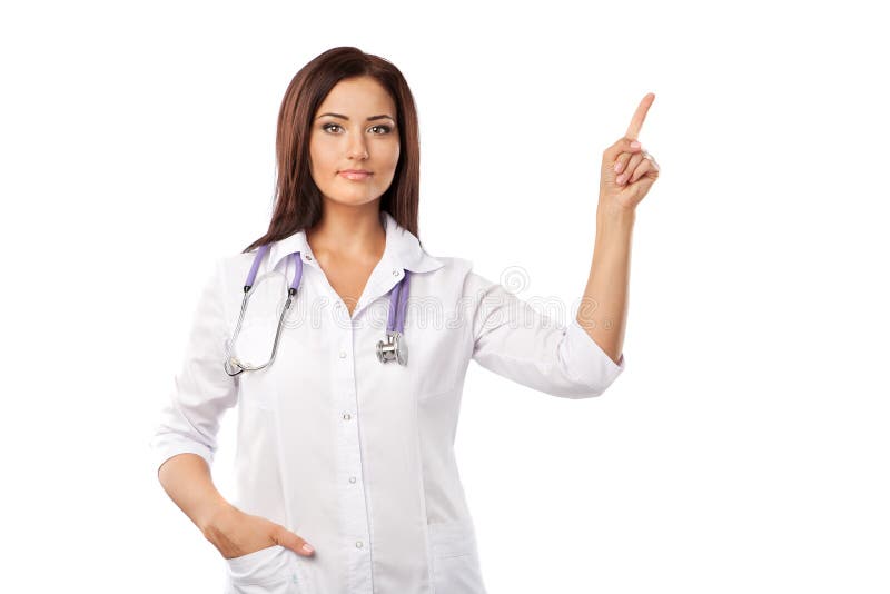 Doctor makes a pointing finger gesture, isolated on white. Doctor makes a pointing finger gesture, isolated on white