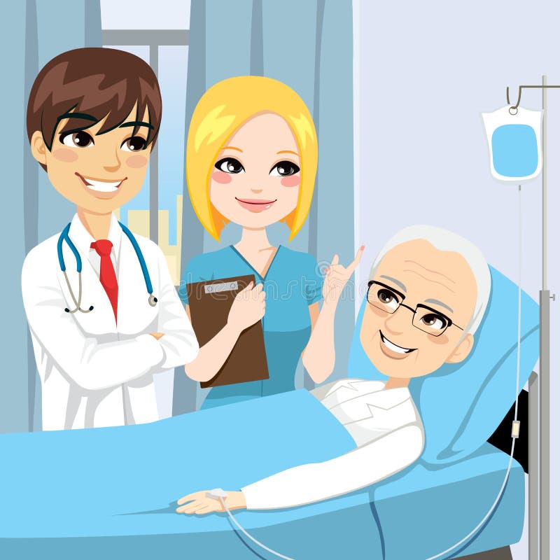 Doctor and nurse visit a senior old man patient lying down on hospital bed receiving intravenous chemotherapy cancer treatment. Doctor and nurse visit a senior old man patient lying down on hospital bed receiving intravenous chemotherapy cancer treatment