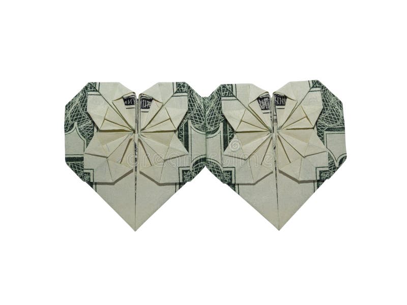 Долларовая банкнота СЕРДЕЦ двойника Origami денег реальная одна изолировала на белой предпосылке стоковая фотография Долларовая банкнота СЕРДЕЦ двойника Origami денег реальная одна изолировала на белой предпосылке стоковая фотография