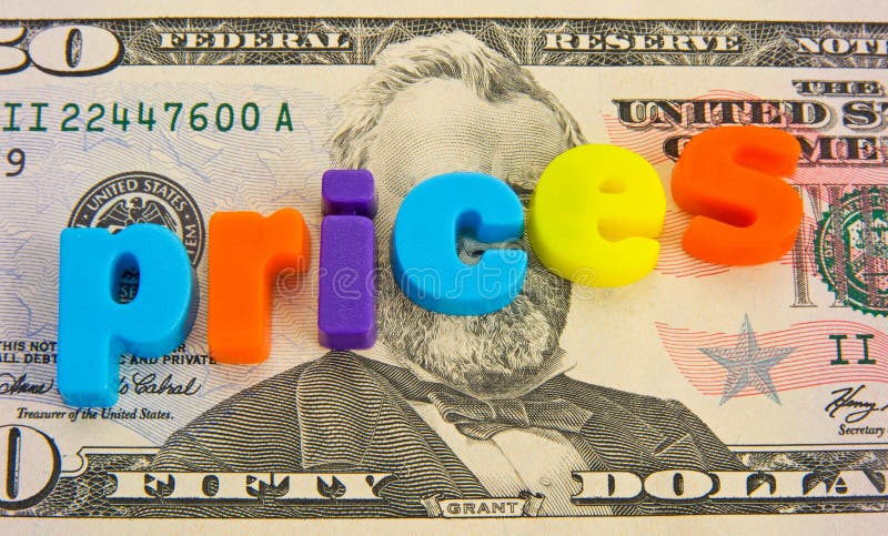 A macro concept image of rising prices shown on a fifty dollar bill. Lower case colorful letters making the word ' prices ' sloping upwards to emphasize the rising concept. A macro concept image of rising prices shown on a fifty dollar bill. Lower case colorful letters making the word ' prices ' sloping upwards to emphasize the rising concept.