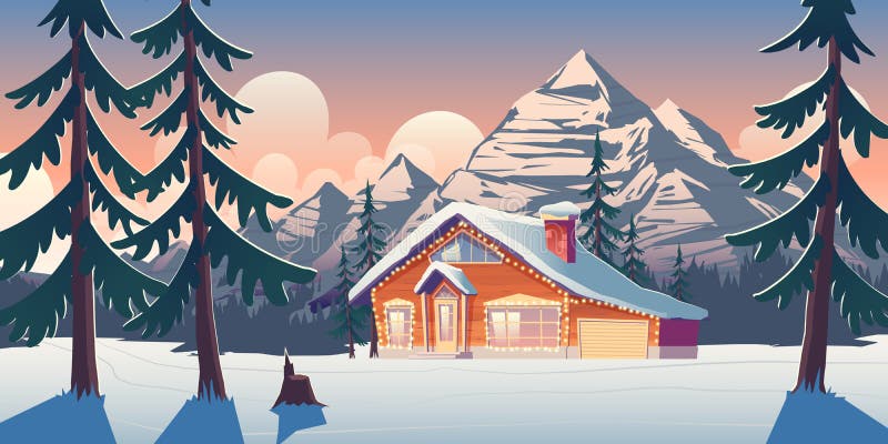 Wooden cottage house, chalet in winter mountains. Christmas vacation background. Ski resort hotel in pine forest, comfortable country house decorated bulb garland in wild cartoon vector illustration. Wooden cottage house, chalet in winter mountains. Christmas vacation background. Ski resort hotel in pine forest, comfortable country house decorated bulb garland in wild cartoon vector illustration