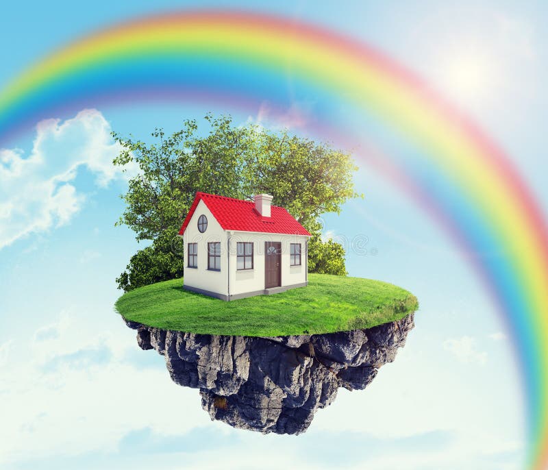 House on island with rainbow, green field and trees. House on island with rainbow, green field and trees