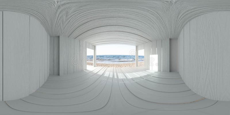 Дом планок panorama в стиле 360 дрч vr белый деревянный на прекрасной иллюстрацией перевода крыльца 3d пляжа иллюстрация вектора
